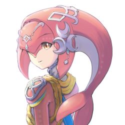 Rule 34 | 1girl, brown eyes, closed mouth, colored skin, fish girl, hair ornament, highres, jewelry, long hair, looking back, mipha, monster girl, multicolored skin, nintendo, no eyebrows, one eye covered, pointy ears, red hair, red skin, saburou (jako), simple background, smile, solo, the legend of zelda, the legend of zelda: breath of the wild, upper body, white background, zora