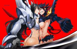 Rule 34 | 2girls, abs, angry, ass, asura&#039;s wrath, black hair, breast press, breasts, clenched hand, clenched teeth, copyright name, duplicate, eye contact, holding, junketsu, katana, kill la kill, kiryuuin satsuki, large breasts, living clothes, long hair, looking at another, matoi ryuuko, midriff, multicolored hair, multiple girls, outstretched arm, parody, red background, red hair, senketsu, short hair, simple background, sword, symmetrical docking, teeth, toned, two-tone hair, weapon