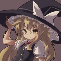 Rule 34 | 1girl, bad id, bad pixiv id, blonde hair, expressionless, grey background, hand on headwear, hat, hat ribbon, kirisame marisa, long hair, looking at viewer, lowres, puffy short sleeves, puffy sleeves, ribbon, ryogo, short sleeves, simple background, solo, touhou, upper body, vest, witch hat, yellow eyes