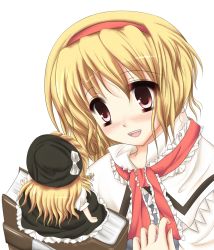 Rule 34 | 2girls, :d, alice margatroid, black dress, blonde hair, capelet, dress, evil smile, female focus, full body, hairband, hat, kazumi yoshizu, kirisame marisa, miniskirt, multiple girls, necktie, open mouth, puffy short sleeves, puffy sleeves, red eyes, red necktie, short sleeves, simple background, sitting, size difference, skirt, smile, touhou, upper body, white background, witch hat