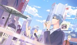 Rule 34 | 2boys, artist name, blue hair, blue sky, chair, chu huan wen, closed mouth, cloud, collared shirt, commentary, cup, djun, english commentary, faceless, glasses, here u are, holding, holding cup, ji yuan, lapels, long sleeves, male focus, multiple boys, open mouth, outdoors, pink hair, shirt, short hair, sitting, sky, table, umbrella, watch, waving arm, wristwatch