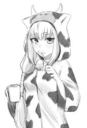 Rule 34 | 1girl, animal costume, animal print, bell, brushing teeth, cow costume, cow print, cup, foam, foaming at the mouth, goou yoshimitsu, greyscale, holding, holding cup, kurofuti, looking at viewer, low ponytail, monochrome, mug, sidelocks, solo, tenka hyakken, thick eyebrows, upper body, white background