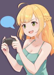 Rule 34 | 1girl, :d, ahoge, bare arms, bare shoulders, blank speech bubble, blonde hair, braid, breasts, camisole, cleavage, collarbone, controller, crown braid, green camisole, green eyes, grey background, highres, holding, holding controller, indie virtual youtuber, medium breasts, miyadi (youtuber), open mouth, shirosaki rio, sidelocks, simple background, smile, solo, speech bubble, teeth, upper body, upper teeth only, virtual youtuber