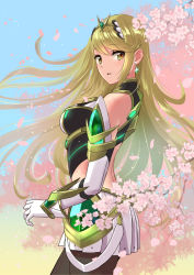 Rule 34 | 1girl, backless dress, backless outfit, bare shoulders, black pantyhose, blonde hair, breasts, cherry blossoms, cowboy shot, dress, earrings, elbow gloves, flower, gem, glint, gloves, jewelry, light particles, medium breasts, mythra (massive melee) (xenoblade), mythra (xenoblade), nintendo, ooshima aki, open mouth, pantyhose, pink flower, pleated dress, short dress, solo, sparkle, straight hair, swept bangs, tiara, xenoblade chronicles (series), xenoblade chronicles 2, yellow eyes