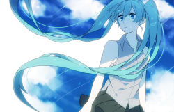 Rule 34 | 1girl, arms at sides, bare shoulders, black skirt, blue eyes, blue hair, blue sky, cloud, cloudy sky, crying, crying with eyes open, day, eiku, expressionless, flat chest, floating hair, grey shirt, hair between eyes, hatsune miku, long hair, looking away, outdoors, parted lips, shirt, simple background, skirt, sky, sleeveless, sleeveless shirt, solo, tears, twintails, very long hair, vocaloid, white background