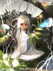 Rule 34 | 1girl, collarbone, commentary request, curled horns, flower, grass, hair between eyes, highres, holding, horns, long hair, long sleeves, looking at viewer, moss, nature, original, parted lips, plant, pointy ears, red eyes, robe, shallow water, sleeves past wrists, solo, sunlight, very long hair, water, white flower, white hair, white robe, wide sleeves, yuuji (yukimimi)