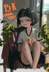 Rule 34 | 1girl, :d, absurdres, armchair, black hair, black shorts, blunt bangs, blush, chair, cup, drinking glass, fang, feet on chair, grey shirt, highres, holding, holding cup, looking at viewer, milestone celebration, open mouth, original, polilla, shirt, short hair, short sleeves, shorts, sitting, smile, solo, window, yellow eyes