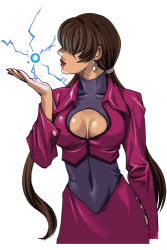 Rule 34 | 1girl, breasts, cleavage, cleavage cutout, clothing cutout, dark persona, dark skin, dark-skinned female, earrings, hair over eyes, jewelry, latex, long hair, lowres, nakano tomokazu, orochi shermie, ponytail, shermie (kof), snk, solo, the king of fighters, the king of fighters neowave, twintails