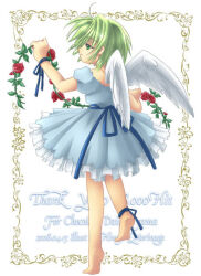 Rule 34 | 1girl, angel, ankle ribbon, artist name, barefoot, blue dress, blue ribbon, closed mouth, commentary request, dated, dated commentary, dejiko, di gi charat, dress, expressionless, feathered wings, flower, frilled dress, frills, from behind, full body, green eyes, green hair, holding, holding flower, leg ribbon, morinaga hinase, plant, red flower, red rose, ribbon, rose, short hair, short sleeves, solo, thank you, vines, white background, white wings, wings