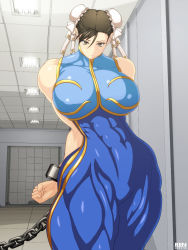 Rule 34 | 1girl, breasts, capcom, chain, chun-li, extreme muscles, female focus, highres, huge breasts, indoors, large breasts, muscular, ren (tainca2000), solo, street fighter