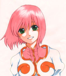 Rule 34 | 1girl, breasts, commentary request, dress, estellise sidos heurassein, green eyes, marker (medium), medium hair, pink hair, smile, solo, tales of (series), tales of vesperia, traditional media