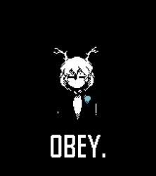 Rule 34 | antlers, blue flower, boutonniere, closed eyes, commentary, dragon horns, english commentary, english text, flower, horns, kicchou yachie, no mouth, pixel art, short hair, touhou, tuxedo, zhenhong
