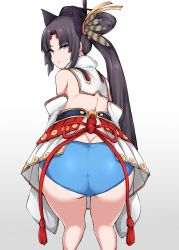 Rule 34 | 013 (hamsasuke), 1girl, annoyed, armor, ass, back, black hair, black hat, blue eyes, blue panties, butt crack, detached collar, detached sleeves, facial mark, fate/grand order, fate (series), feather hair ornament, foreshortening, from behind, gradient background, hair ornament, hair rings, hat, highres, huge ass, japanese armor, japanese clothes, kusazuri, leaning, leaning forward, long hair, looking at viewer, looking back, panties, parted bangs, shiny clothes, side ponytail, simple background, solo, standing, thighs, transparent background, underwear, ushiwakamaru (fate), very long hair
