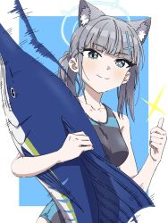 Rule 34 | 1girl, animal, animal ear fluff, animal ears, blue archive, blue eyes, brilliantko, closed mouth, collarbone, fish, flailing, halo, highres, holding, holding animal, looking at viewer, motion lines, one-piece swimsuit, shiroko (blue archive), shiroko (swimsuit) (blue archive), simple background, smile, solo, sparkle, swimsuit, swordfish, thumbs up, wolf ears, wolf girl