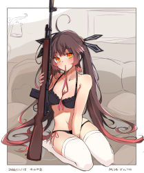 Rule 34 | 1girl, 2020, absurdres, ahoge, arm between legs, attoyamada, battle rifle, black bra, black panties, blush, border, bra, breasts, brown eyes, brown hair, character name, dated, girls&#039; frontline, gun, highres, lace, lace-trimmed bra, lace-trimmed panties, lace trim, long hair, looking at viewer, m14, m14 (girls&#039; frontline), medium breasts, mouth hold, outside border, panties, ribbon, ribbon in mouth, rifle, solo, thighhighs, twintails, underwear, underwear only, very long hair, weapon, white border