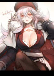 Rule 34 | 1girl, azur lane, breasts, brown pantyhose, character name, cleavage, crossed legs, fur trim, graf zeppelin (azur lane), hat, highres, kigawa rin, large breasts, long hair, looking at viewer, pantyhose, parted lips, red eyes, solo, twitter username, white hair