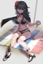 Rule 34 | 1girl, beach, beach towel, beach umbrella, bikini, black bikini, blue eyes, breasts, byleth (female) (fire emblem), byleth (female) (summer) (fire emblem), byleth (fire emblem), cape, cocktail glass, cup, drinking glass, feet, fire emblem, fire emblem: three houses, fire emblem heroes, flower, from above, green hair, hair flower, hair ornament, high heels, highres, holding, holding cup, jewelry, large breasts, legs, long hair, looking at viewer, miton (vvse5752), navel, necklace, nintendo, official alternate costume, pumps, sandals, shade, sitting, solo, swimsuit, towel, umbrella