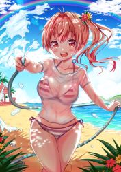 Rule 34 | 1girl, absurdres, antenna hair, bad id, bad pixiv id, beach, bikini, blush, breasts, cleavage, cloud, cloudy sky, collarbone, cowboy shot, day, flower, hair flower, hair intakes, hair ornament, highres, large breasts, long hair, looking at viewer, moe2018, open mouth, original, outdoors, pink hair, rainbow, red eyes, round teeth, sand, see-through, shirt, side-tie bikini bottom, side ponytail, sky, smile, solo, standing, striped bikini, striped clothes, swimsuit, teeth, tenzeru, thigh gap, thighs, water, water drop, white shirt