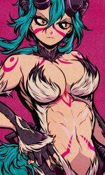 Rule 34 | 1girl, absurdres, aqua marine (aqua000marine), arrancar, bare shoulders, black fur, black sclera, bleach, body markings, breasts, centaur, cleavage, collarbone, colored sclera, commentary, cowboy shot, curled horns, facial mark, fingernails, green hair, hair between eyes, highres, holding, holding polearm, holding weapon, horns, lance, long fingernails, long hair, looking to the side, medium breasts, medium hair, monster girl, navel, nelliel tu odelschwanck, parted lips, polearm, red background, sidelocks, simple background, slit pupils, solo, standing, stomach, taur, weapon, white fur, yellow eyes