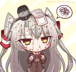 Rule 34 | 1girl, amatsukaze (kancolle), black hairband, blush, brown dress, closed mouth, dated, dress, food, gloves, hair between eyes, hair tubes, hairband, kantai collection, komakoma (magicaltale), lifebuoy, long hair, looking at viewer, nattou, sailor dress, short dress, silver hair, single glove, smokestack, solo, spoken squiggle, squiggle, swim ring, twitter username, two side up, wavy mouth, white gloves, yellow eyes