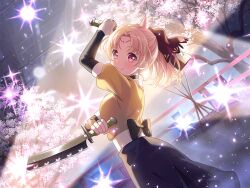 1girl arm_up back_bow backlighting baggy_pants bang_dream! bow bridal_gauntlets cherry_blossoms circlet cleaver dutch_angle film_set from_behind hair_ribbon heart holding_cleaver horns japanese_clothes looking_at_viewer looking_back official_art pants parted_bangs pink_eyes ponytail ribbon shirasagi_chisato single_horn smile solo sparkle spotlight stage_lights third-party_source tree undershirt