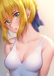 Rule 34 | 1girl, alternate costume, artoria pendragon (all), artoria pendragon (fate), bare arms, bare shoulders, blonde hair, blue ribbon, blush, braid, breasts, cleavage, closed mouth, collarbone, commentary request, dress, fate/grand order, fate (series), green eyes, grey background, hair between eyes, hair ribbon, highres, hua-j, lips, looking at viewer, medium breasts, ribbon, saber (fate), short hair, sleeveless, sleeveless dress, solo, upper body, white dress