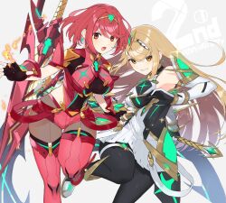Rule 34 | 2girls, adapted costume, bare shoulders, black gloves, blonde hair, breasts, chest jewel, dress, earrings, elbow gloves, fingerless gloves, gloves, highres, jewelry, kinagi (3307377), large breasts, long hair, looking at viewer, multiple girls, mythra (massive melee) (xenoblade), mythra (xenoblade), nintendo, official alternate costume, pantyhose, pantyhose under shorts, pyra (xenoblade), red eyes, red hair, red shorts, short dress, short hair, short shorts, shorts, super smash bros., swept bangs, thighhighs, tiara, very long hair, white dress, xenoblade chronicles (series), xenoblade chronicles 2, yellow eyes