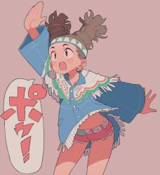 Rule 34 | 1girl, arm up, blush, brown eyes, brown hair, capcom, cutoffs, earrings, fringe trim, headband, highres, jewelry, lily hawk, long sleeves, native american, open mouth, red shorts, shimazaki1152, short shorts, shorts, simple background, solo, street fighter, street fighter 6, wide sleeves