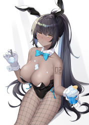 Rule 34 | 1girl, aqua neckwear, bare shoulders, between breasts, black hair, black leotard, blue archive, blunt bangs, bow, bowtie, breasts, chinese commentary, cleavage, cream on body, cream on breasts, dark-skinned female, dark skin, detached collar, fishnet pantyhose, fishnets, food, hand up, highleg, highleg leotard, highres, holding, holding food, holding spoon, karin (blue archive), karin (bunny) (blue archive), large breasts, leotard, long hair, number tattoo, pantyhose, pinky out, playboy bunny, ponytail, red plate (kyuu45), simple background, sitting, slit pupils, solo, spoon, strapless, strapless leotard, tattoo, traditional bowtie, whipped cream, yellow eyes