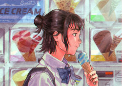 Rule 34 | 1girl, bag, black eyes, black hair, blue bow, blue bowtie, bow, bowtie, chromatic aberration, closed mouth, collared shirt, commentary, day, drawing (object), eating, english text, film grain, food, from side, hair bun, half updo, holding, holding food, holding ice cream, ice cream, ice cream cone, inumoto922, looking ahead, nose, original, plaid, plaid bow, plaid bowtie, price list, profile, school bag, shirt, short hair, sign, single hair bun, smile, solo, sunlight, unmoving pattern, upper body, white shirt