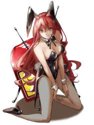 Rule 34 | 1girl, animal ears, bow, bowtie, breasts, rabbit ears, playboy bunny, detached collar, fake animal ears, fishnet pantyhose, fishnets, from above, high heels, kneeling, komecchi, long hair, original, pantyhose, red eyes, red hair, shoes, smile, solo, television, very long hair, wavy hair, white background, wrist cuffs