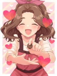 Rule 34 | 1girl, apron, blurry, blush, border, bow, breasts, brown hair, chocolate, closed mouth, collarbone, depth of field, dot nose, feeding, food, hair bow, hair ribbon, hands up, heart, highres, holding, holding chocolate, holding food, idolmaster, idolmaster cinderella girls, idolmaster cinderella girls starlight stage, kahiika, kusakabe wakaba, long hair, long sleeves, open mouth, outside border, pink apron, pink background, ponytail, purple ribbon, ribbon, shirt, simple background, small breasts, smile, solo, striped, striped background, thick eyebrows, wavy hair, white border, white shirt