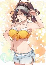 Rule 34 | 1girl, absurdres, ahoge, bare arms, bare shoulders, bikini, blue shorts, blush, breasts, brown hair, chougei (kancolle), cleavage, collarbone, commentary, cowboy shot, grey eyes, highres, kanmiya shinobu, kantai collection, large breasts, navel, one eye closed, open mouth, orange bikini, short hair, shorts, solo, swimsuit