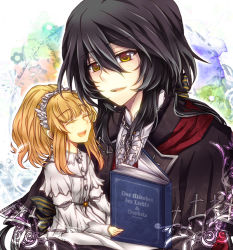 Rule 34 | 1boy, 1girl, ^ ^, black hair, blonde hair, book, capelet, chain, closed eyes, cross, doll, dress, elisabeth von wettin, elyse, closed eyes, feather hair ornament, feathers, flower, german text, hair between eyes, feather hair ornament, hairband, long hair, maerchen (album), marchen von friedhof, nugi, open book, open mouth, ponytail, smile, sound horizon, translated, yellow eyes