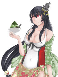 Rule 34 | 10s, 1girl, bare shoulders, black hair, bowl, breasts, casual one-piece swimsuit, cleavage, covered navel, food, fusou (kancolle), hair between eyes, hair ornament, highres, kantai collection, large breasts, long hair, one-piece swimsuit, red eyes, sarong, shaved ice, shawl, simple background, smile, solo, split mouth, spoon, swimsuit, upper body, very long hair, white background, yumedamauru