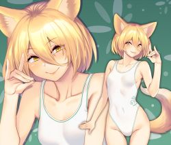 Rule 34 | 1girl, animal ears, bare shoulders, blonde hair, breasts, closed mouth, eyes visible through hair, fox ears, fox tail, green background, hair between eyes, hand up, highres, kudamaki tsukasa, looking at viewer, medium breasts, one-piece swimsuit, short hair, smile, solo, standing, swimsuit, tail, tarmo, teeth, touhou, white one-piece swimsuit, yellow eyes
