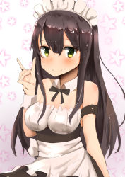 Rule 34 | 10s, 1girl, apron, bare shoulders, black hair, blush, breasts, cleavage, closed mouth, detached collar, floral background, fox shadow puppet, frilled apron, frills, green eyes, hair between eyes, hand up, highres, large breasts, long hair, looking at viewer, maid, maid headdress, muoto, sidelocks, smile, solo, tatsumi kon, urara meirochou, waist apron, wrist cuffs