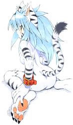 Rule 34 | 1girl, animal ears, animal hands, ass, barefoot, blue hair, breasts, cat ears, cat tail, claws, collar, feet, from behind, furry, furry female, fuurin rei, highres, long hair, nude, original, oyatsu (mk2), pawpads, simple background, soles, solo, tail, toes, white background, yellow eyes