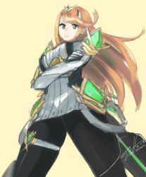 Rule 34 | 1girl, alternate costume, armor, black pantyhose, blonde hair, censored, dress, earrings, gem, gloves, headpiece, jewelry, long hair, looking at viewer, mythra (massive melee) (xenoblade), mythra (xenoblade), nintendo, pantyhose, shutwig, simple background, solo, super smash bros., swept bangs, thigh strap, tiara, xenoblade chronicles (series), xenoblade chronicles 2, yellow eyes