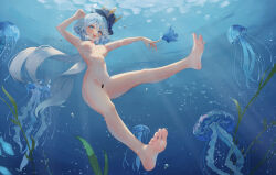 Rule 34 | 1girl, armpits, bar censor, bare arms, bare legs, bare shoulders, barefoot, blue eyes, blue hair, blue headwear, censored, chinese commentary, commentary request, completely nude, drop-shaped pupils, feet, fish, full body, furina (genshin impact), genshin impact, hat, highres, legs, long hair, looking at viewer, mismatched pupils, nude, open mouth, soles, symbol-shaped pupils, those girls, toes, top hat, underwater, water