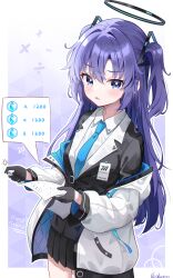 Rule 34 | 1girl, absurdres, black gloves, black skirt, blue archive, blue eyes, blue necktie, blush, breasts, chinese commentary, collared shirt, commentary, cowboy shot, exusiai dust, formal, gloves, hair between eyes, halo, highres, id card, jacket, long hair, long sleeves, looking at viewer, math, mechanical halo, medium breasts, necktie, open mouth, pleated skirt, purple eyes, purple hair, shirt, skirt, solo, suit, twitter username, white jacket, white shirt, yuuka (blue archive)