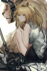 Rule 34 | 1girl, absurdres, animal, animal ears, antenna hair, arknights, bare shoulders, black shorts, breasts, brown hair, from behind, hair between eyes, highres, knees up, large breasts, lion, lion ears, lion girl, looking at viewer, looking back, shirt, shorts, siege (arknights), signature, simple background, sitting, sleeveless, sleeveless shirt, solo, thighs, war hammer, weapon, white background, white shirt, yellow eyes, yuki flourish