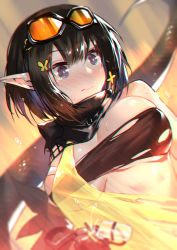 Rule 34 | 1girl, 3:, arknights, bandeau, bare shoulders, black hair, blurry, blush, breasts, depth of field, eunectes (arknights), goggles, goggles on head, highres, large breasts, lizard tail, looking away, midriff, nose blush, pointy ears, purple eyes, revealing clothes, scarf, see-through, short hair, sidelocks, solo, tail, torn clothes, upper body, xion32