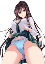 Rule 34 | 1girl, black hair, blue panties, bow, bow panties, breasts, brown eyes, buttons, clothes lift, cowboy shot, dress shirt, from below, gluteal fold, green necktie, green skirt, hair between eyes, highres, idolmaster, idolmaster shiny colors, large breasts, lifted by self, long hair, long sleeves, looking at viewer, navel, necktie, panties, plaid, plaid skirt, ponytail korosuke, revision, shirase sakuya, shirt, simple background, skirt, skirt lift, solo, underwear, white background, white shirt