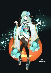 Rule 34 | 1girl, aiqing, bare shoulders, black thighhighs, blue eyes, blue lips, blue nails, blush, character request, closed mouth, dated, green hair, highres, lipstick, long hair, looking at viewer, makeup, nail polish, one eye closed, onmyoji, sandals, signature, smile, solo, thighhighs