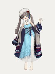 1girl absurdres bare_shoulders barefoot blue_dress blue_eyes dress full_body hand_up hat highres long_hair long_sleeves looking_at_viewer open_mouth original peace_symbol simple_background sleeveless sleeveless_dress smile solo twintails white_background white_hat wide_sleeves yoon_cook