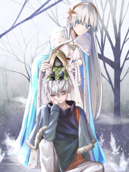 Rule 34 | 1boy, 1girl, anastasia (fate), bent over, blue cape, blue capelet, blue eyes, breasts, cape, capelet, cleavage, cloud, cloudy sky, doll, dress, fate/grand order, fate (series), fur-trimmed capelet, fur cape, fur trim, hair between eyes, hair over eyes, hairband, head rest, highres, kadoc zemlupus, long dress, long hair, medium breasts, one eye closed, orange eyes, oriuo q, outdoors, pants, red shirt, shirt, silver hair, sitting, sky, smile, standing, tree, very long hair, white capelet, white dress, white pants, yellow hairband