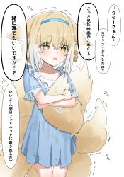 Rule 34 | 1girl, animal ear fluff, animal ears, arknights, blonde hair, blue dress, blue hairband, blush, braid, braided hair rings, brown eyes, dress, ears down, fox ears, fox girl, fox tail, hair between eyes, hair rings, hairband, highres, horn/wood, hugging own tail, hugging tail, kitsune, multicolored hair, open mouth, pleated dress, short sleeves, simple background, solo, suzuran (arknights), tail, tears, translation request, trembling, twin braids, two-tone hair, white background, white hair