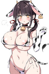 1girl absurdres animal_ears animal_print bell bikini blush breasts commentary_request cow_ears cow_girl cow_horns cow_print cow_tail cowbell highres horns large_breasts looking_at_viewer navel neck_bell onibi_(will_o_wisp24) open_mouth original simple_background solo swimsuit tail white_background