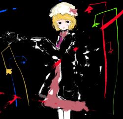 Rule 34 | 1girl, abstract background, ascot, bad id, bad pixiv id, black background, black coat, blending, blonde hair, bow, child&#039;s drawing, coat, creepy, dress, hand up, hat, haze, highres, horror (theme), interrupted, lamppost, looking back, maribel hearn, mob cap, open mouth, outstretched hand, pink bow, pink dress, short hair, solo, timesoe, touhou